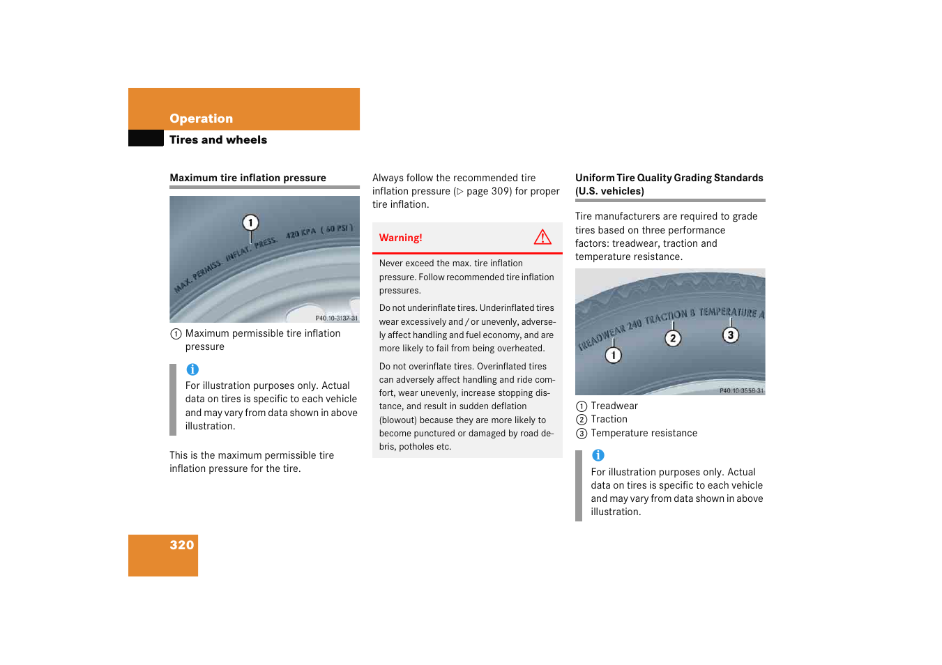 Maximum tire pressure, Uniform tire quality grading standards, Maximum tire inflation pressure | Mercedes-Benz 2005 C 230 Kompressor User Manual | Page 321 / 474