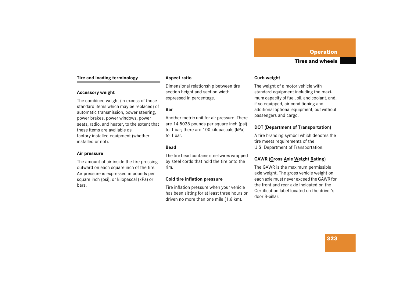 Tire terminology, Tire and loading terminology | Mercedes-Benz 2005 C 230 Kompressor User Manual | Page 324 / 474