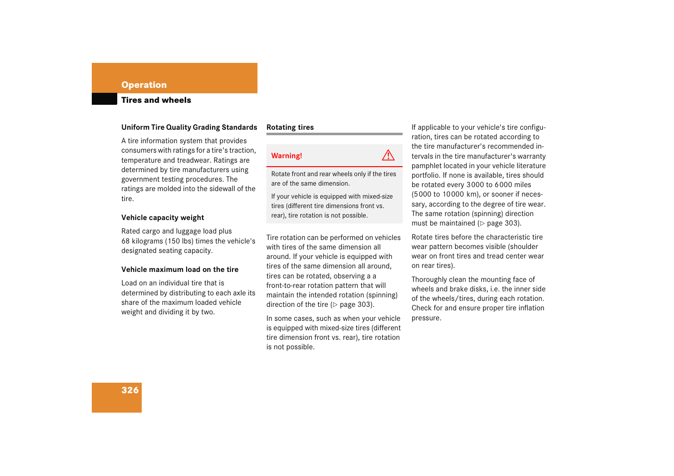 Tires:rotating, Rotating tires | Mercedes-Benz 2005 C 230 Kompressor User Manual | Page 327 / 474