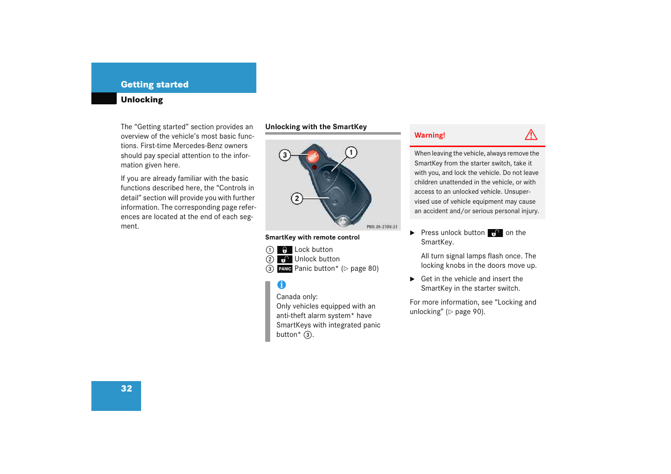 Unlocking, Unlocking:with the smartkey, Unlocking with the smartkey | Mercedes-Benz 2005 C 230 Kompressor User Manual | Page 33 / 474