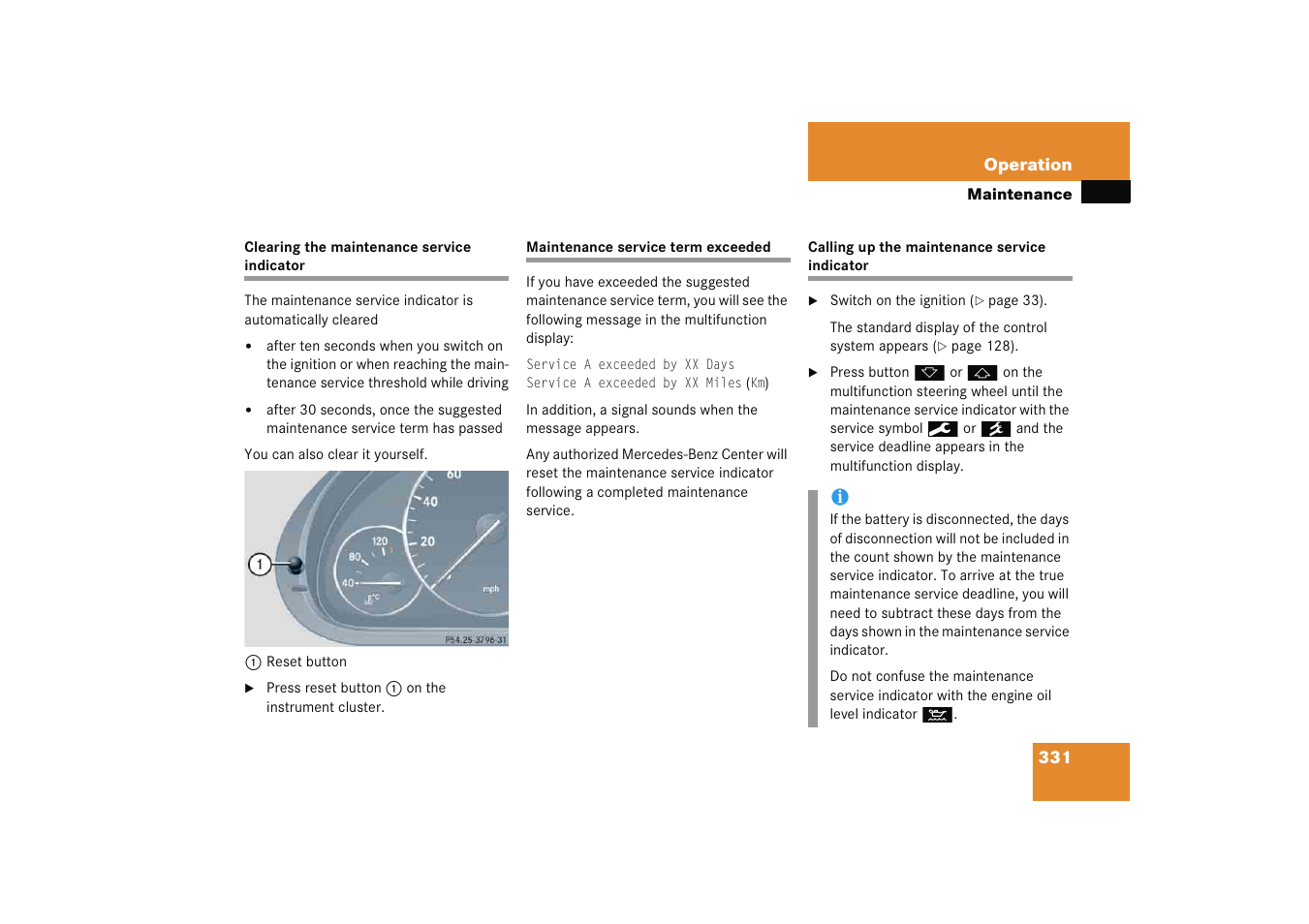 Maintenance service indicator:clearing, Maintenance service:overdue, Maintenance service indicator:calling up | Mercedes-Benz 2005 C 230 Kompressor User Manual | Page 332 / 474