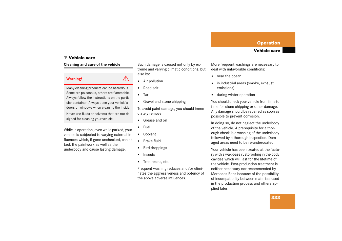 Vehicle care, Washing the vehicle, Cleaning and care of the vehicle | Mercedes-Benz 2005 C 230 Kompressor User Manual | Page 334 / 474