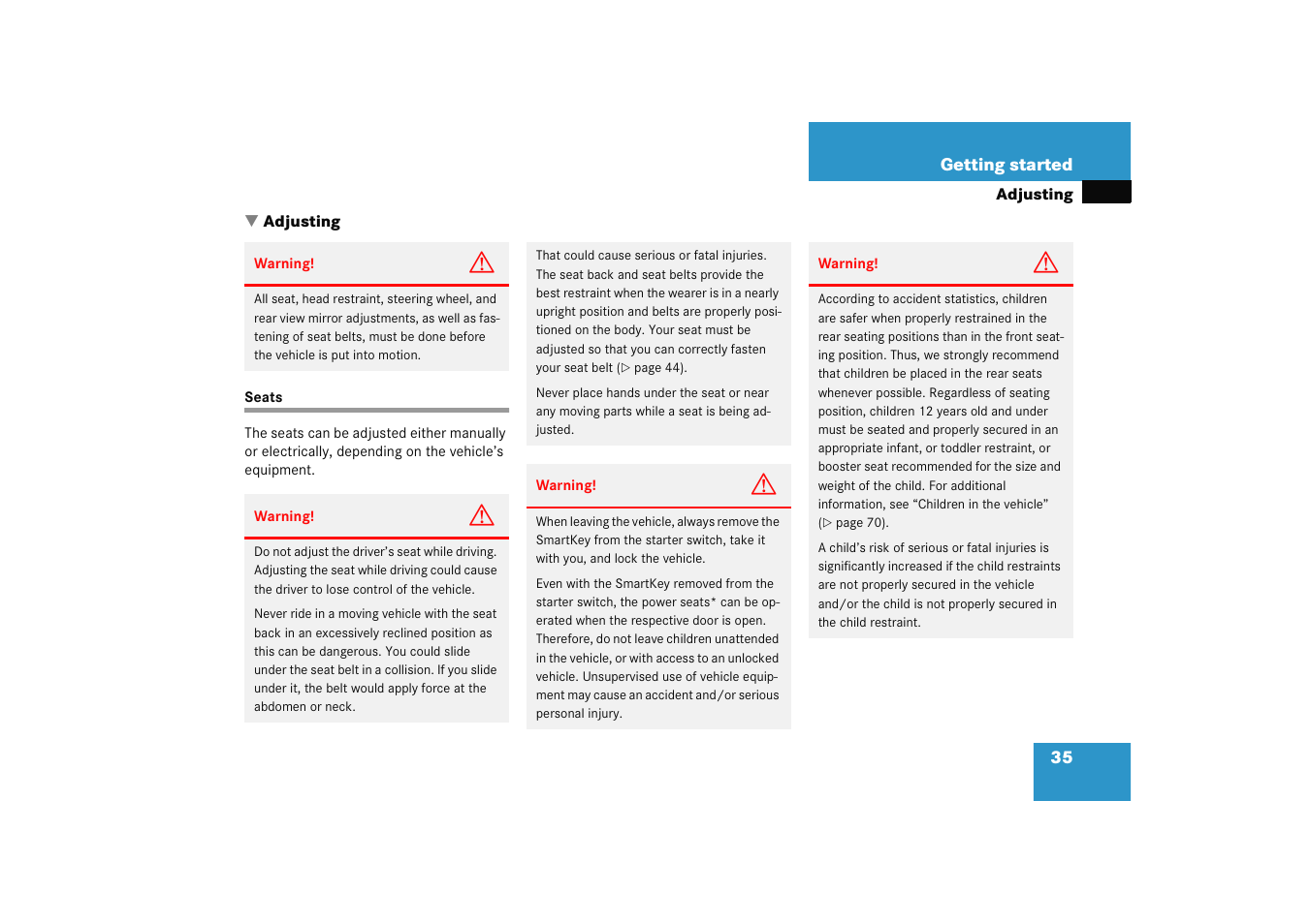 Adjusting, Adjusting:seats, Seats | Mercedes-Benz 2005 C 230 Kompressor User Manual | Page 36 / 474