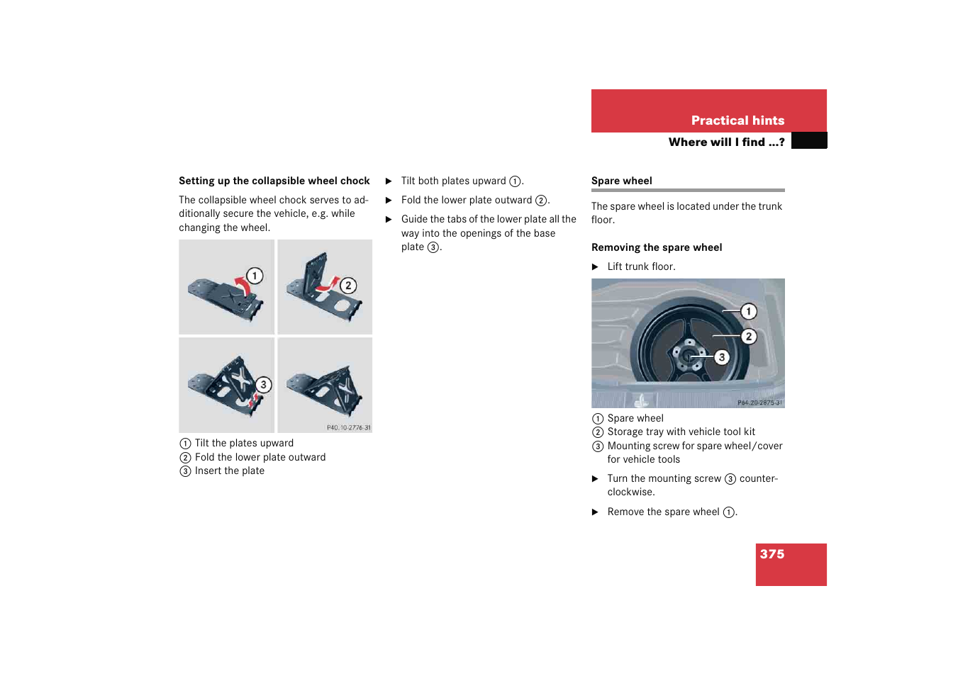 Practical hints:spare wheel, Spare wheel | Mercedes-Benz 2005 C 230 Kompressor User Manual | Page 376 / 474