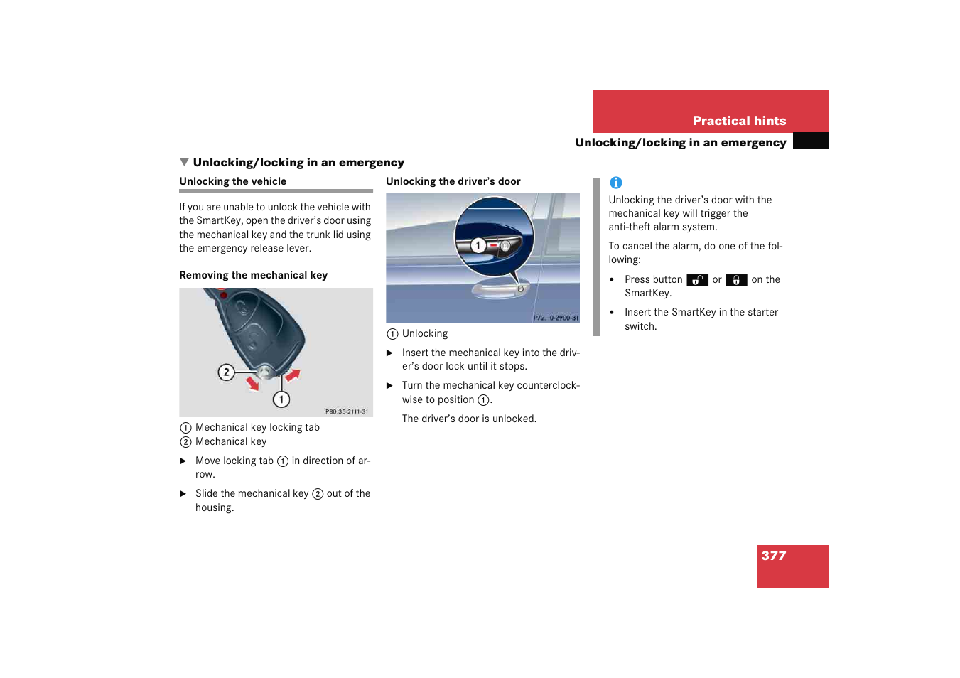 Unlocking:in an emergency, Emergency operations:unlocking the vehicle, Unlocking/locking in an emergency | Unlocking the vehicle | Mercedes-Benz 2005 C 230 Kompressor User Manual | Page 378 / 474