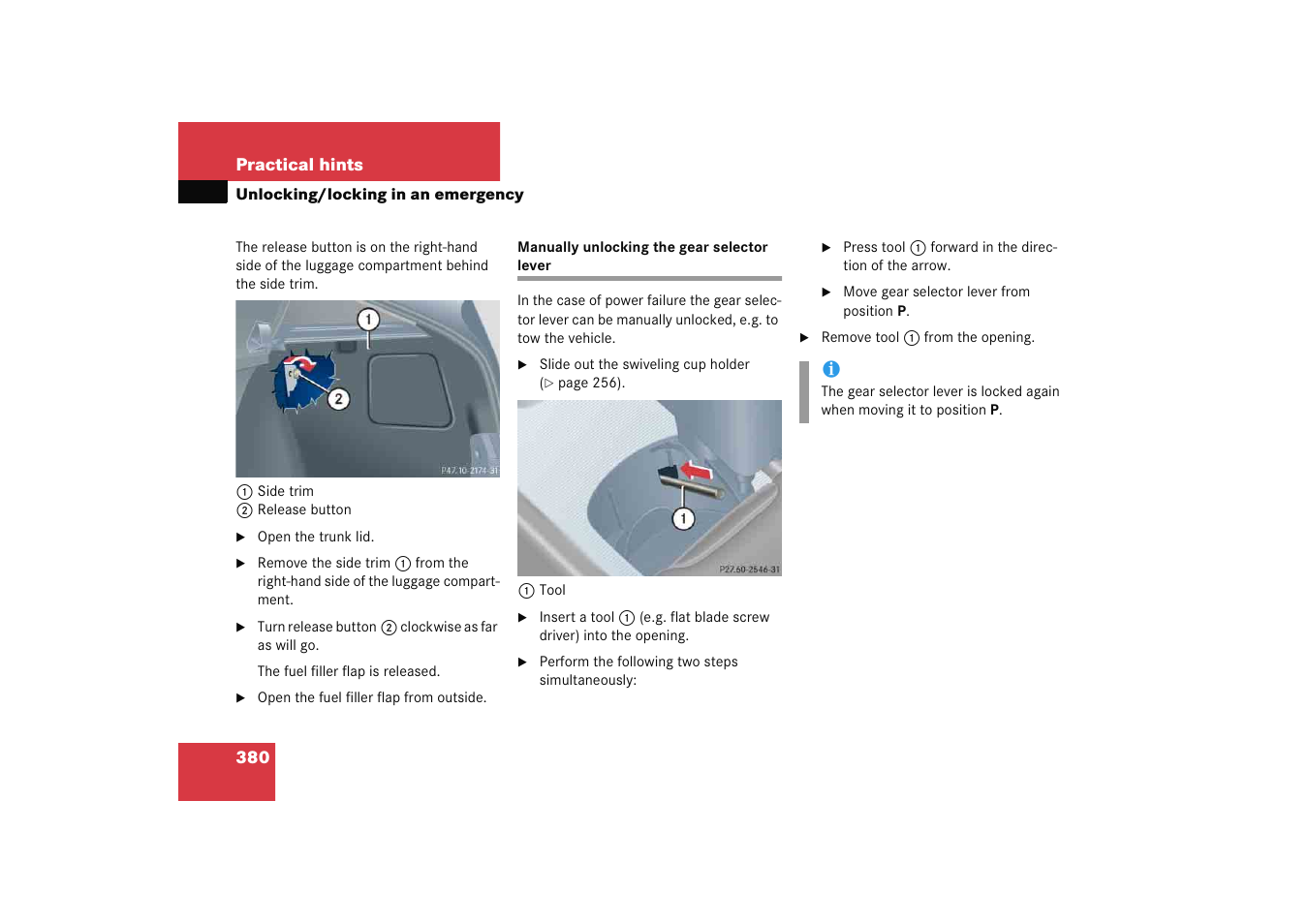 Manually unlocking the gear selector lever | Mercedes-Benz 2005 C 230 Kompressor User Manual | Page 381 / 474