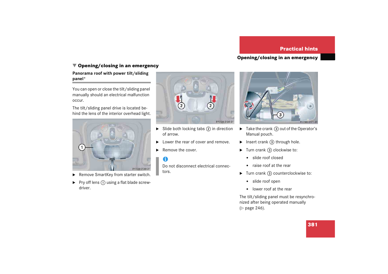 Opening/closing in an emergency, Panorama roof with power tilt/sliding panel | Mercedes-Benz 2005 C 230 Kompressor User Manual | Page 382 / 474