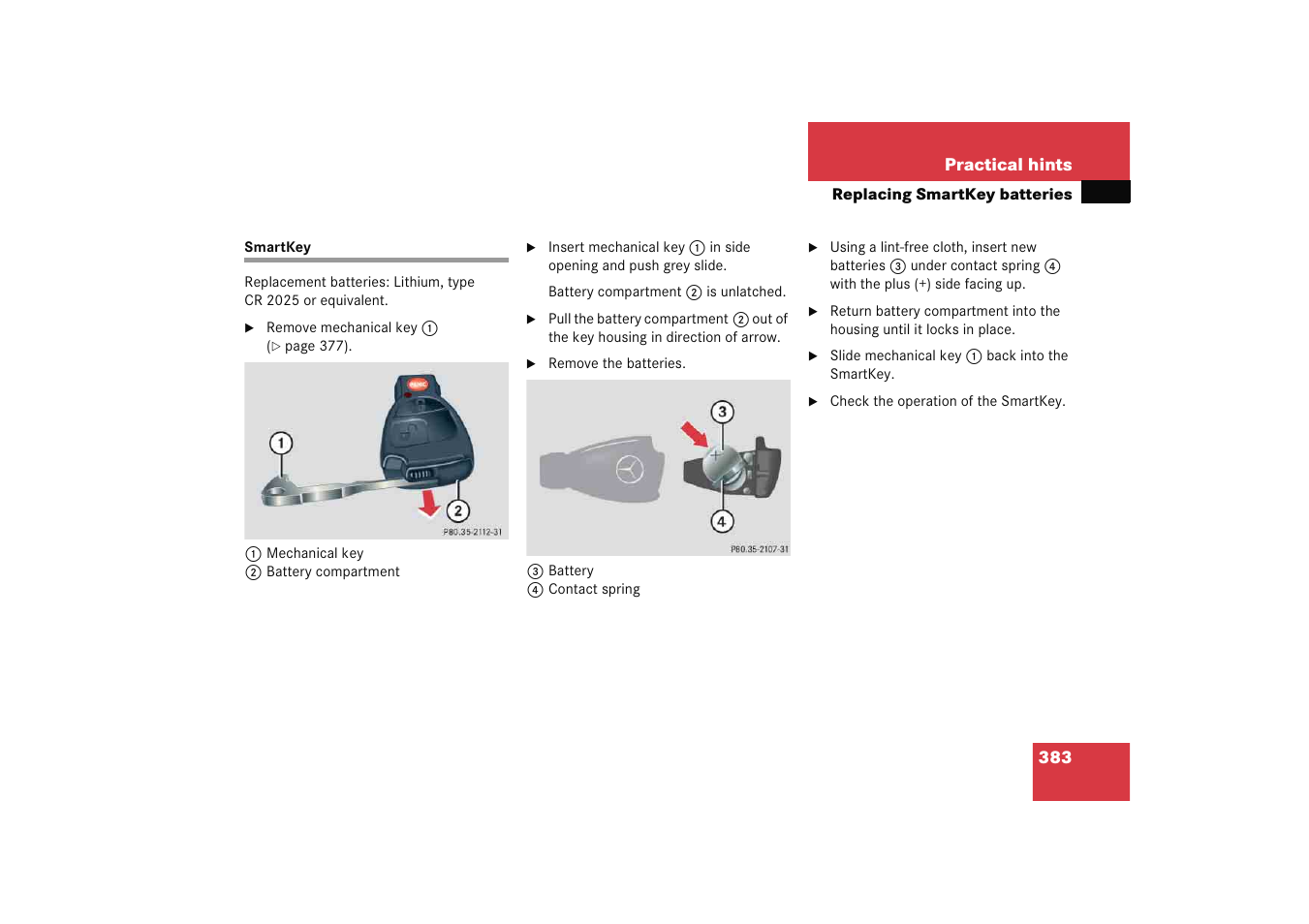 Batteries, smartkey:replacing, Smartkey | Mercedes-Benz 2005 C 230 Kompressor User Manual | Page 384 / 474