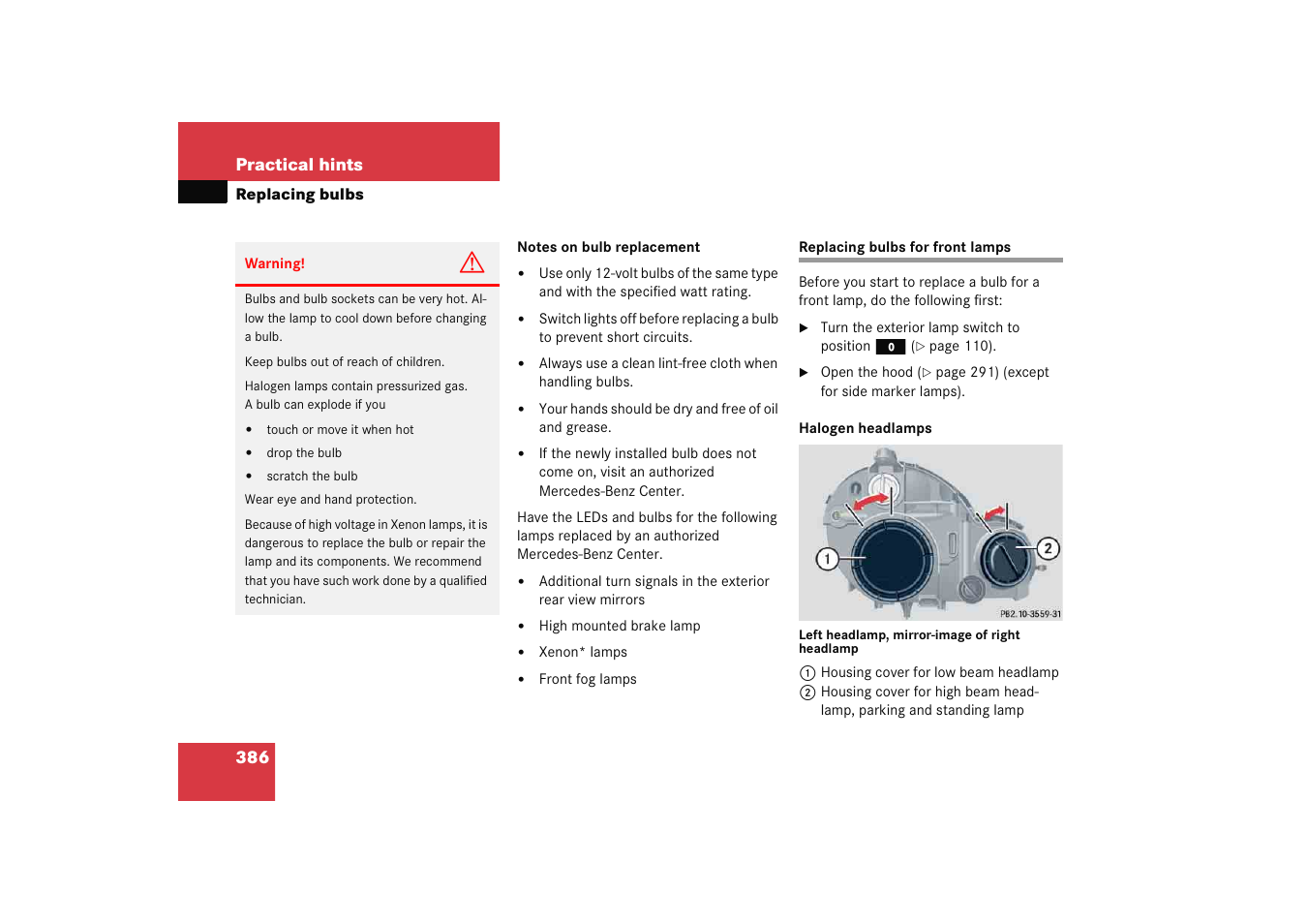Front lamps:replacing bulbs, Replacing bulbs for front lamps | Mercedes-Benz 2005 C 230 Kompressor User Manual | Page 387 / 474