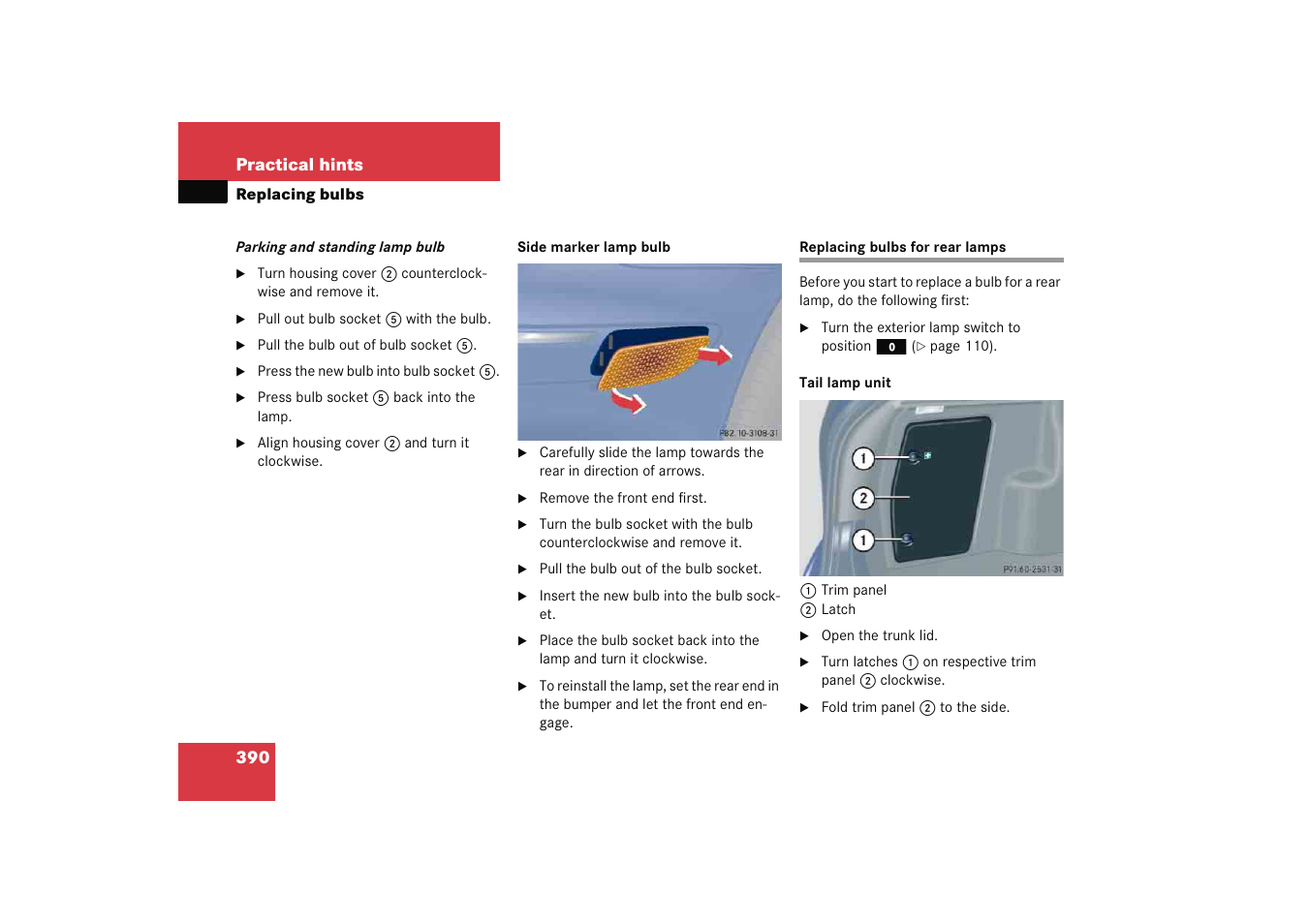 Replacing:brake lamp bulbs, Replacing bulbs for rear lamps | Mercedes-Benz 2005 C 230 Kompressor User Manual | Page 391 / 474