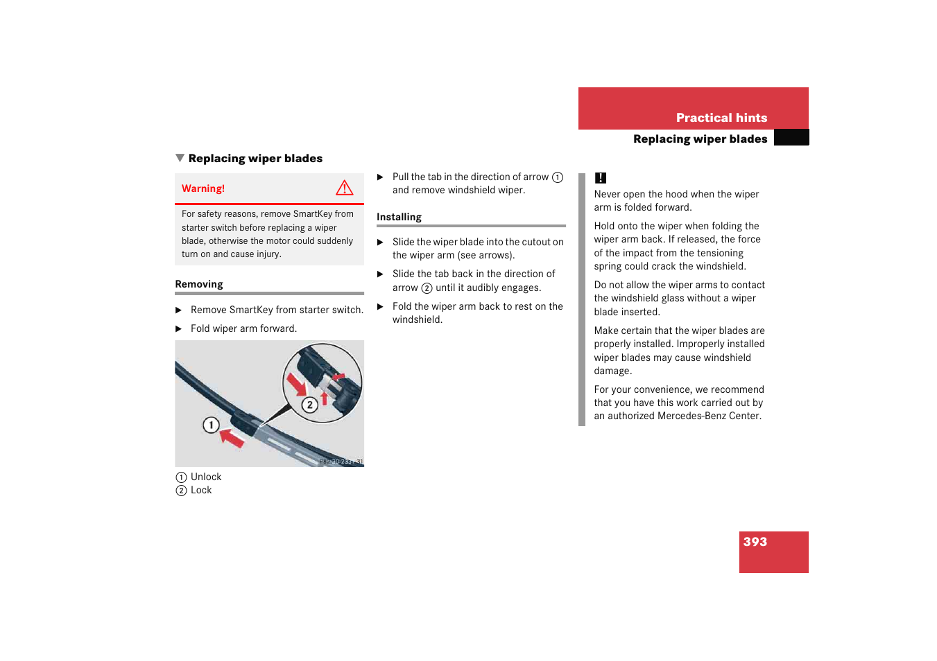 Replacing:wiper blades, Wiper blades:removing, Wiper blades:installing | Replacing wiper blades, Removing installing | Mercedes-Benz 2005 C 230 Kompressor User Manual | Page 394 / 474