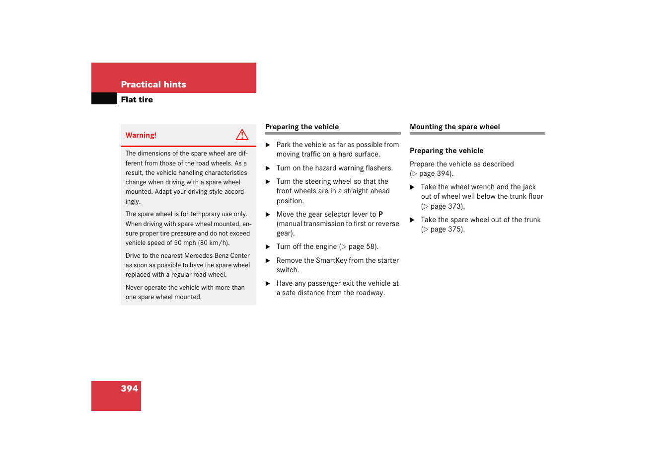 Flat tire, Flat tire:preparing the vehicle, Flat tire:mounting the spare wheel | Preparing the vehicle mounting the spare wheel | Mercedes-Benz 2005 C 230 Kompressor User Manual | Page 395 / 474