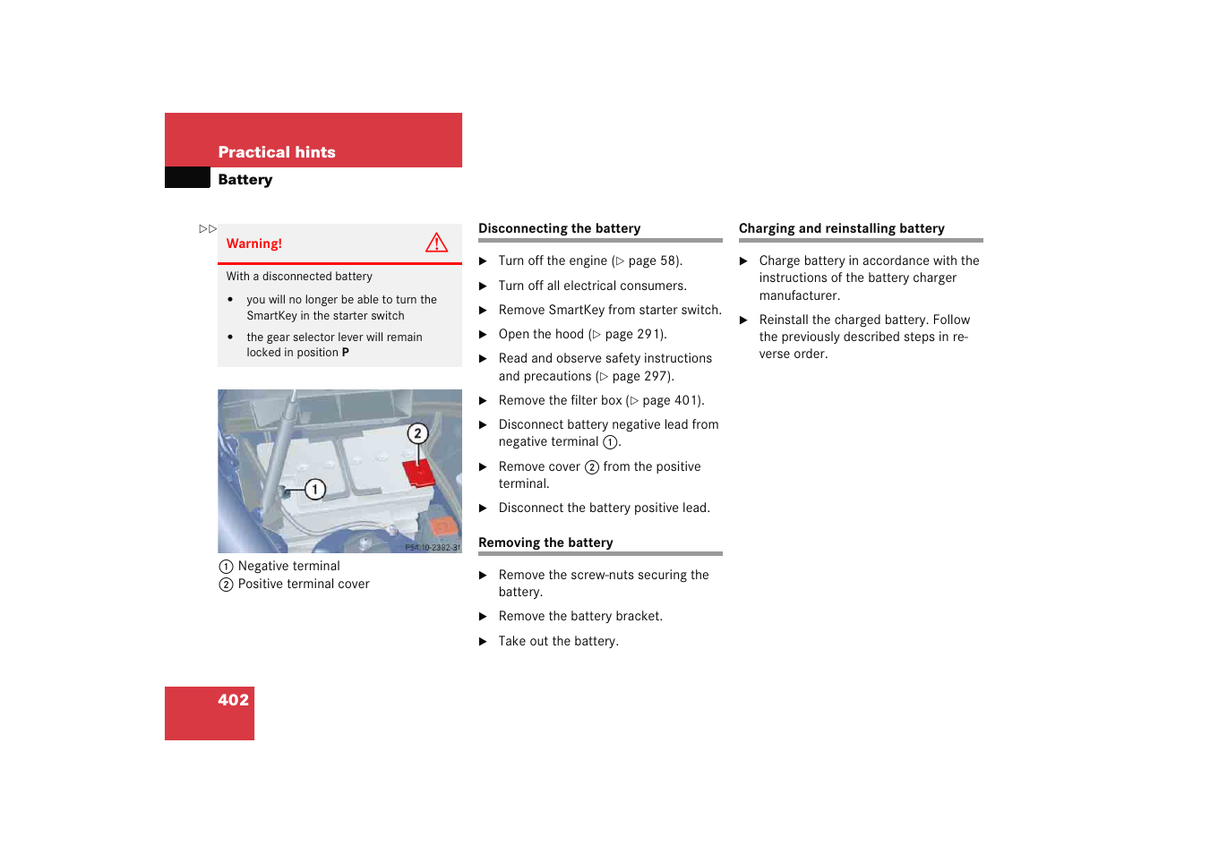 Battery, vehicle:disconnecting, Battery, vehicle:removing, Battery, vehicle:charging | Mercedes-Benz 2005 C 230 Kompressor User Manual | Page 403 / 474