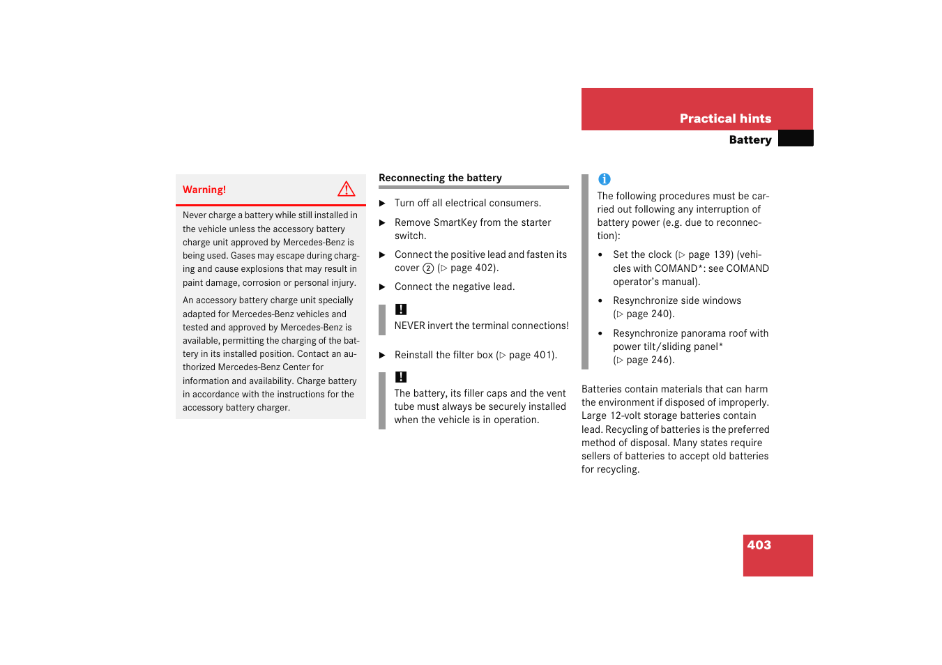 Battery, vehicle:reconnecting, Reconnecting the battery | Mercedes-Benz 2005 C 230 Kompressor User Manual | Page 404 / 474
