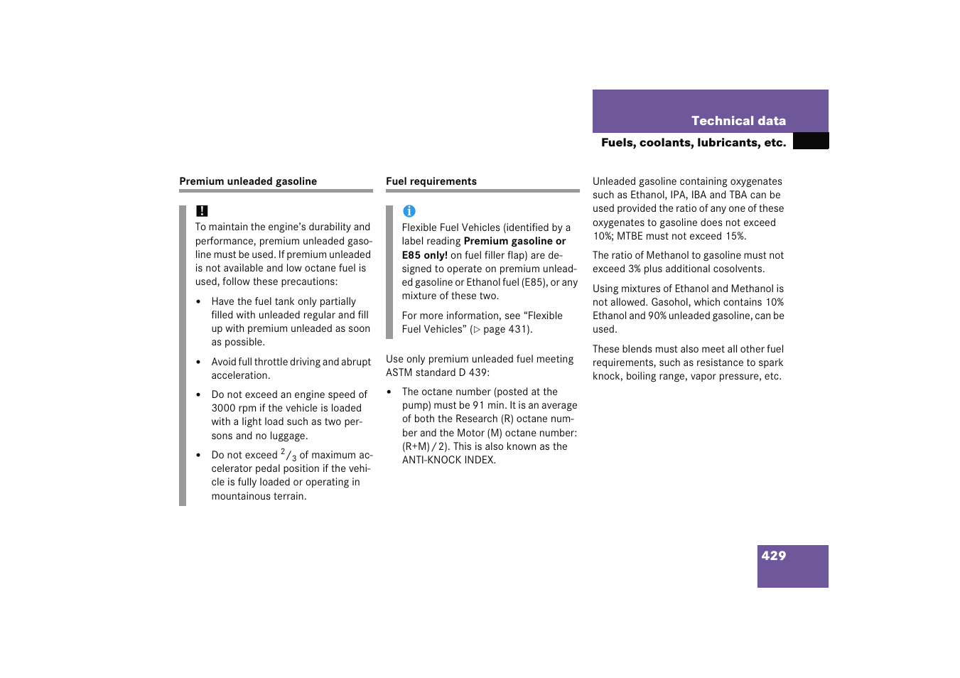 Premium unleaded gasoline, Technical data:fuel requirements, Premium unleaded gasoline fuel requirements | Mercedes-Benz 2005 C 230 Kompressor User Manual | Page 430 / 474