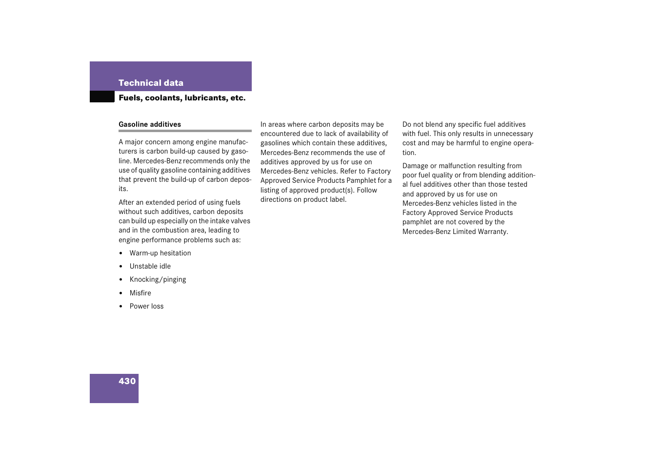 Technical data:gasoline additives, Gasoline additives | Mercedes-Benz 2005 C 230 Kompressor User Manual | Page 431 / 474