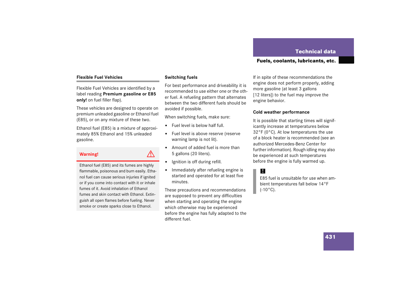 Technical data:flexible fuel vehicles, Flexible fuel vehicles, On, see “flexible fuel vehicles | Mercedes-Benz 2005 C 230 Kompressor User Manual | Page 432 / 474