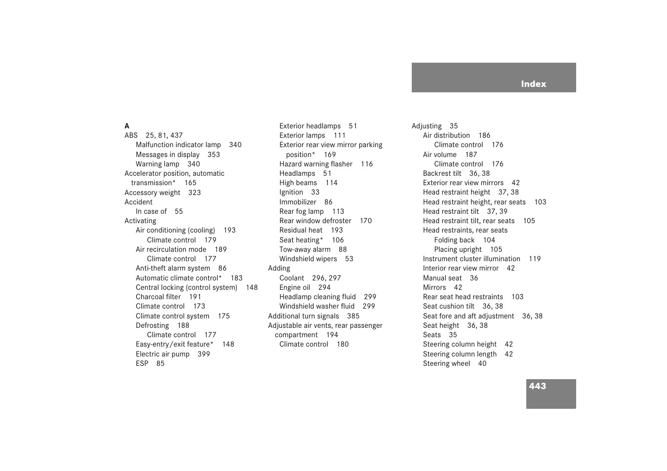 Index | Mercedes-Benz 2005 C 230 Kompressor User Manual | Page 444 / 474