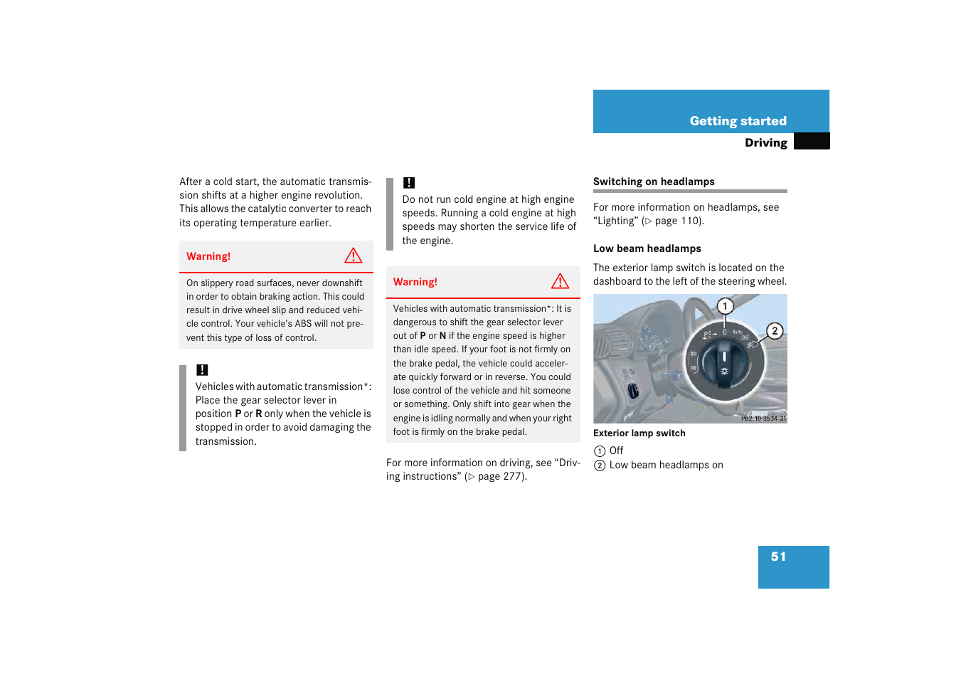 Switching on:headlamps, Switching on headlamps | Mercedes-Benz 2005 C 230 Kompressor User Manual | Page 52 / 474