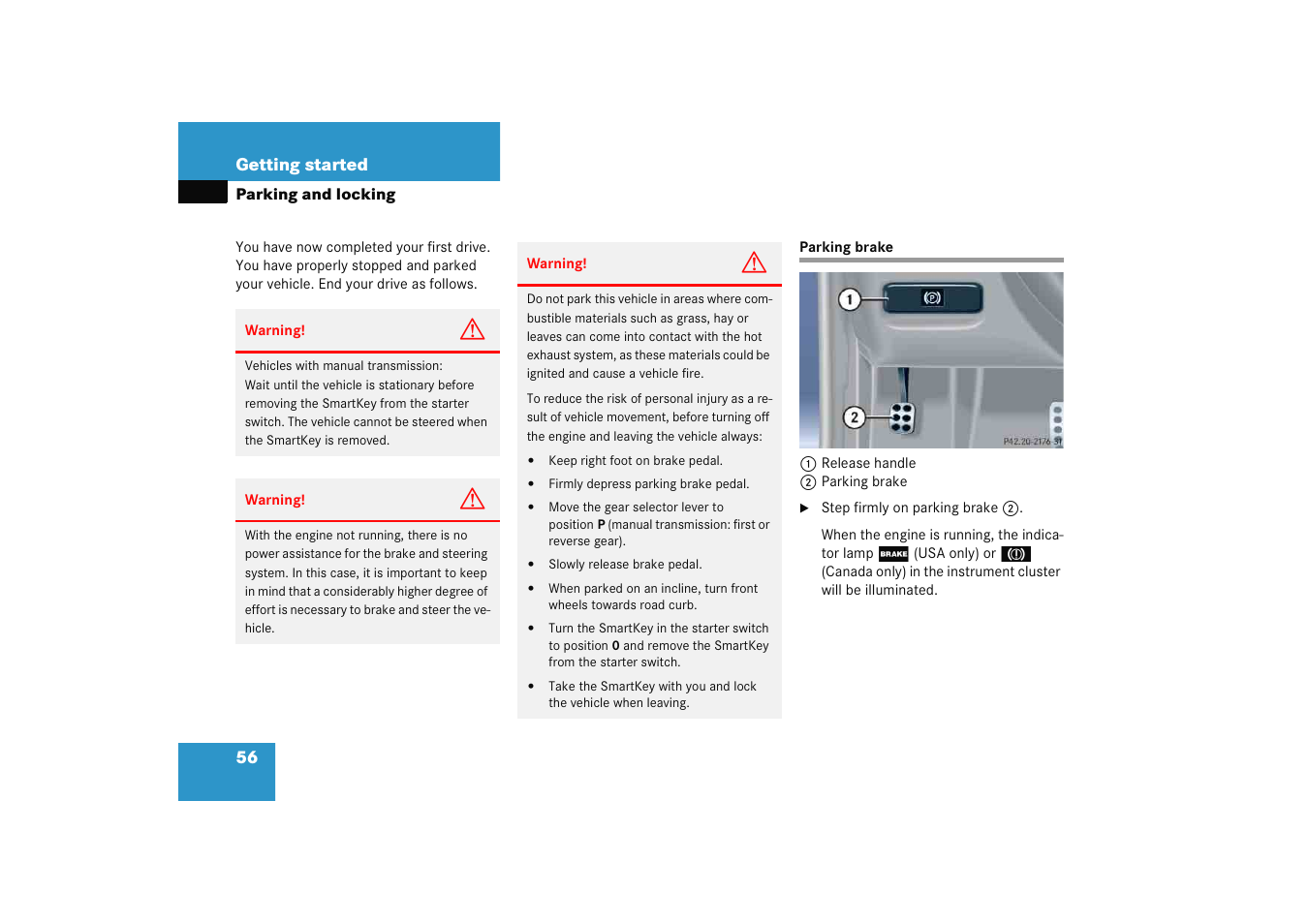 Parking, Parking brake:engaging, Parking and locking | Parking brake | Mercedes-Benz 2005 C 230 Kompressor User Manual | Page 57 / 474