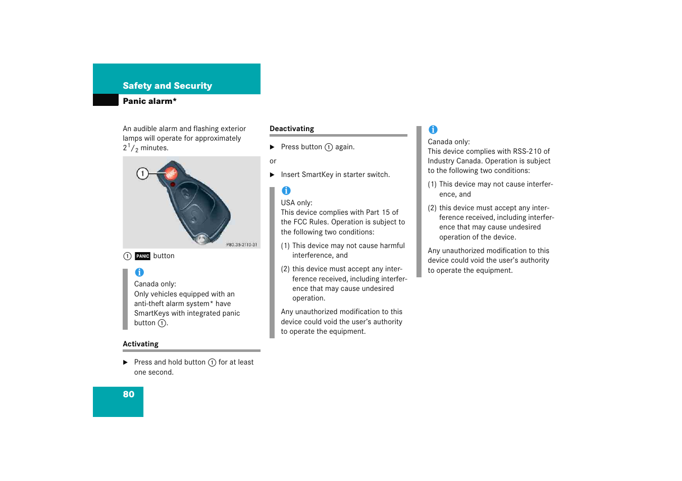 Panic alarm:panic button on smartkey, Activating, Deactivating | Panic alarm, Activating deactivating, Tton | Mercedes-Benz 2005 C 230 Kompressor User Manual | Page 81 / 474