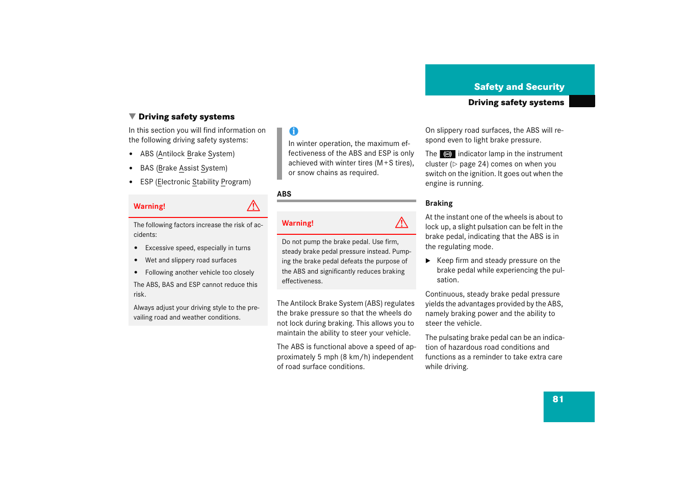 Driving:safety systems, Driving safety systems:abs, Driving safety systems | Mercedes-Benz 2005 C 230 Kompressor User Manual | Page 82 / 474