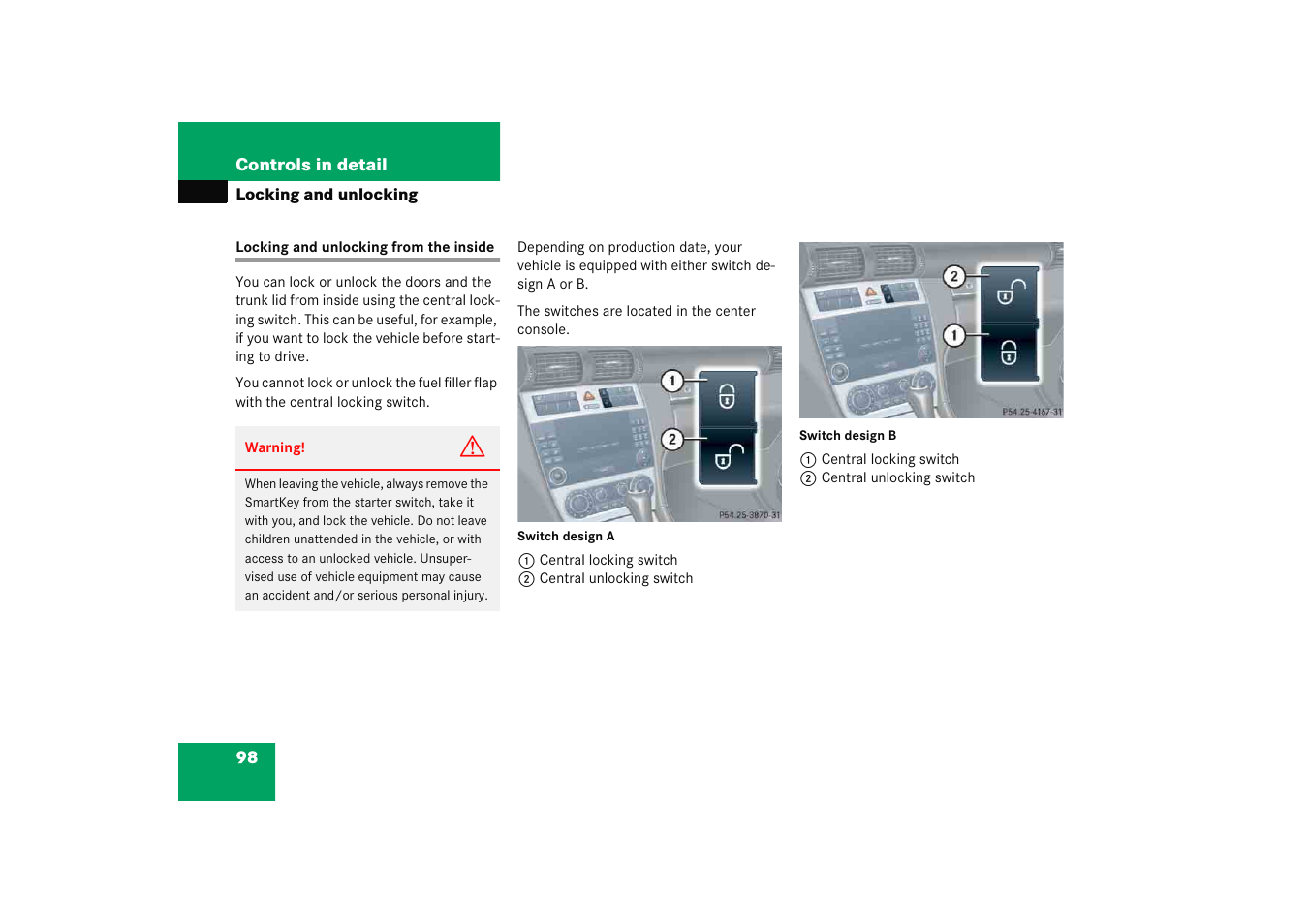 Central locking:from inside, Locking and unlocking from the inside | Mercedes-Benz 2005 C 230 Kompressor User Manual | Page 99 / 474