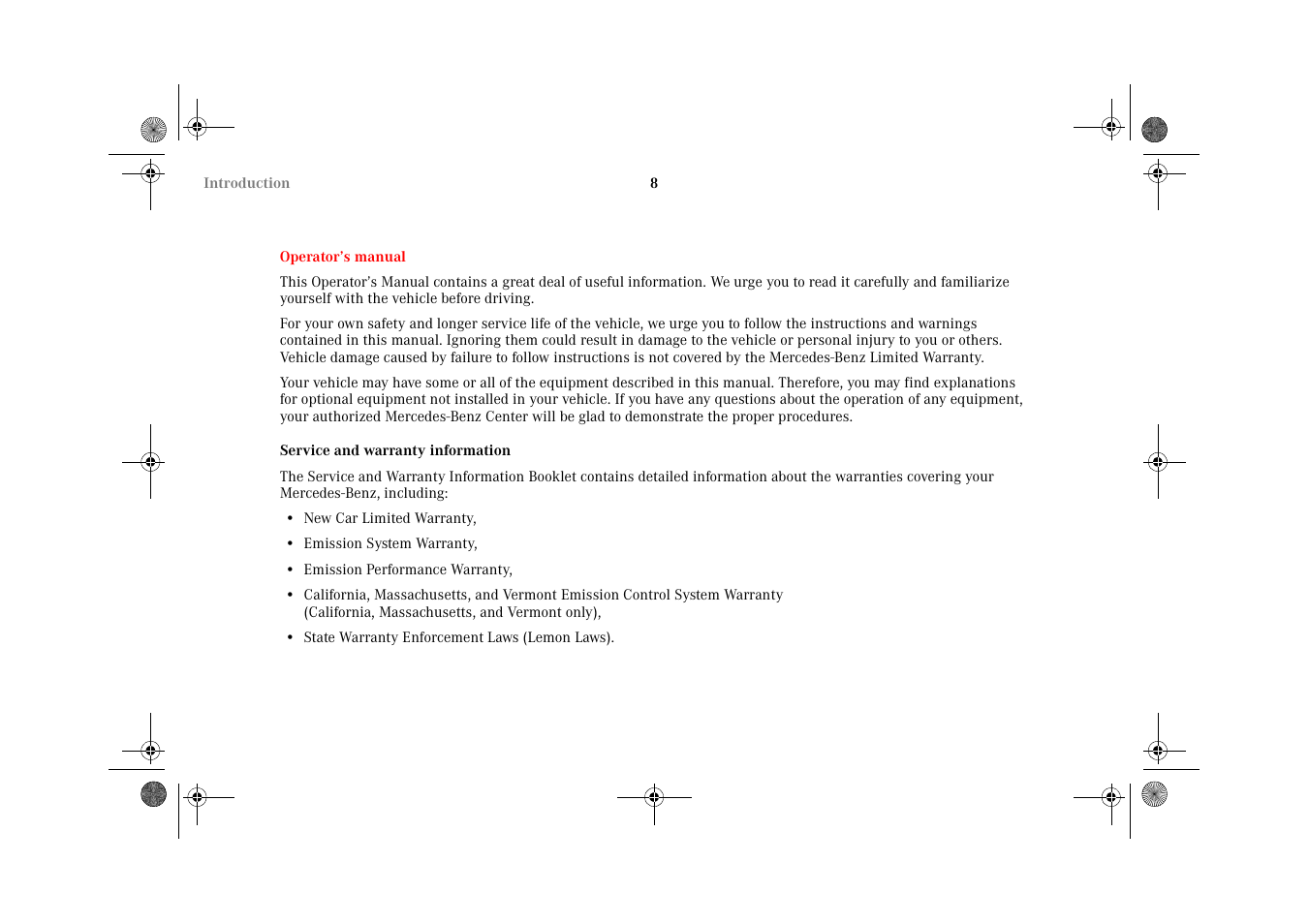 Operator’s manual | Mercedes-Benz 2002 E 55 AMG User Manual | Page 11 / 350