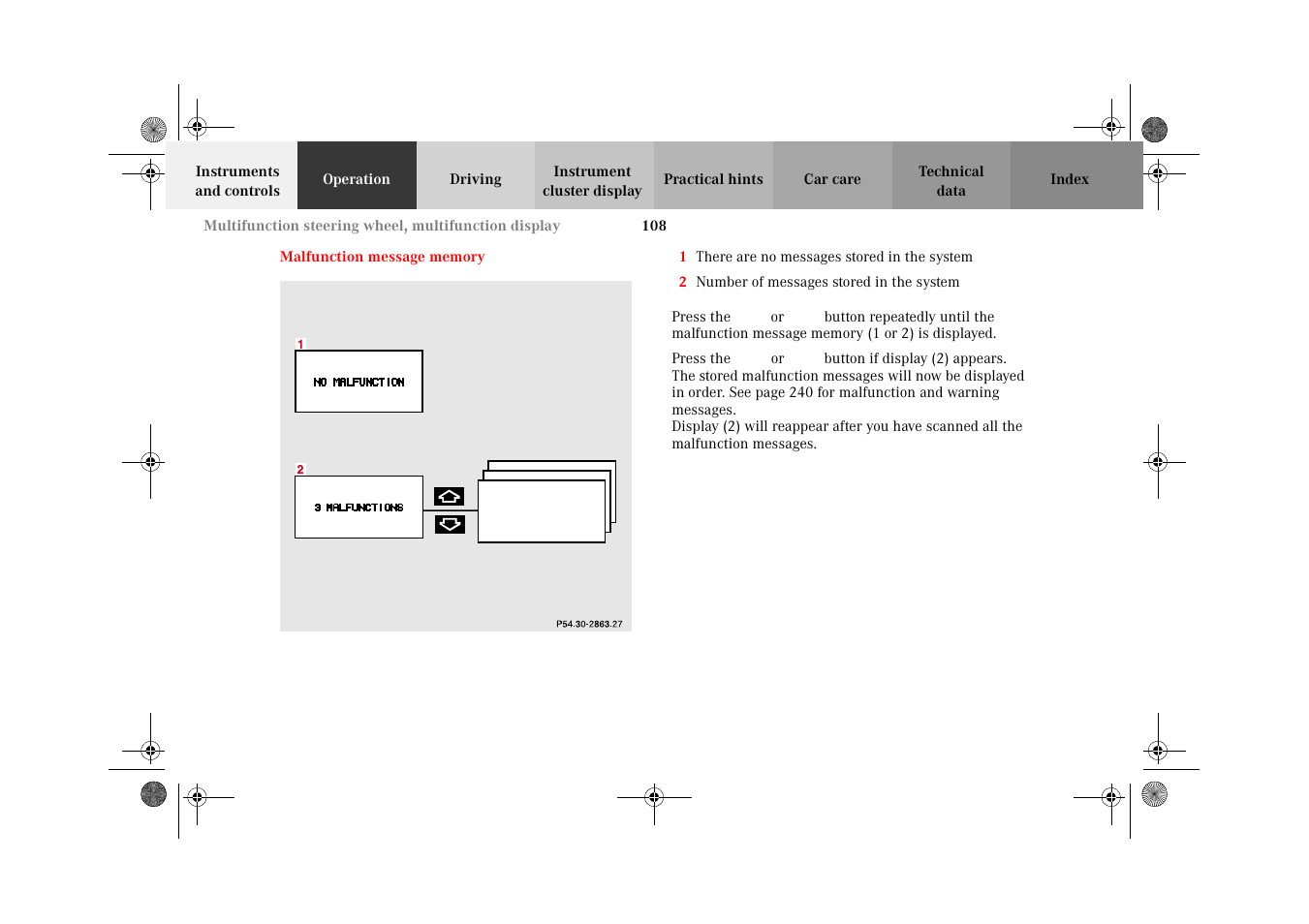 Malfunction message memory | Mercedes-Benz 2002 E 55 AMG User Manual | Page 111 / 350