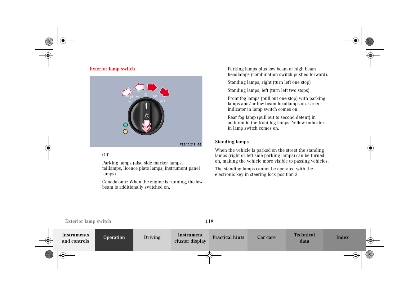 Exterior lamp switch, Standing lamps | Mercedes-Benz 2002 E 55 AMG User Manual | Page 122 / 350