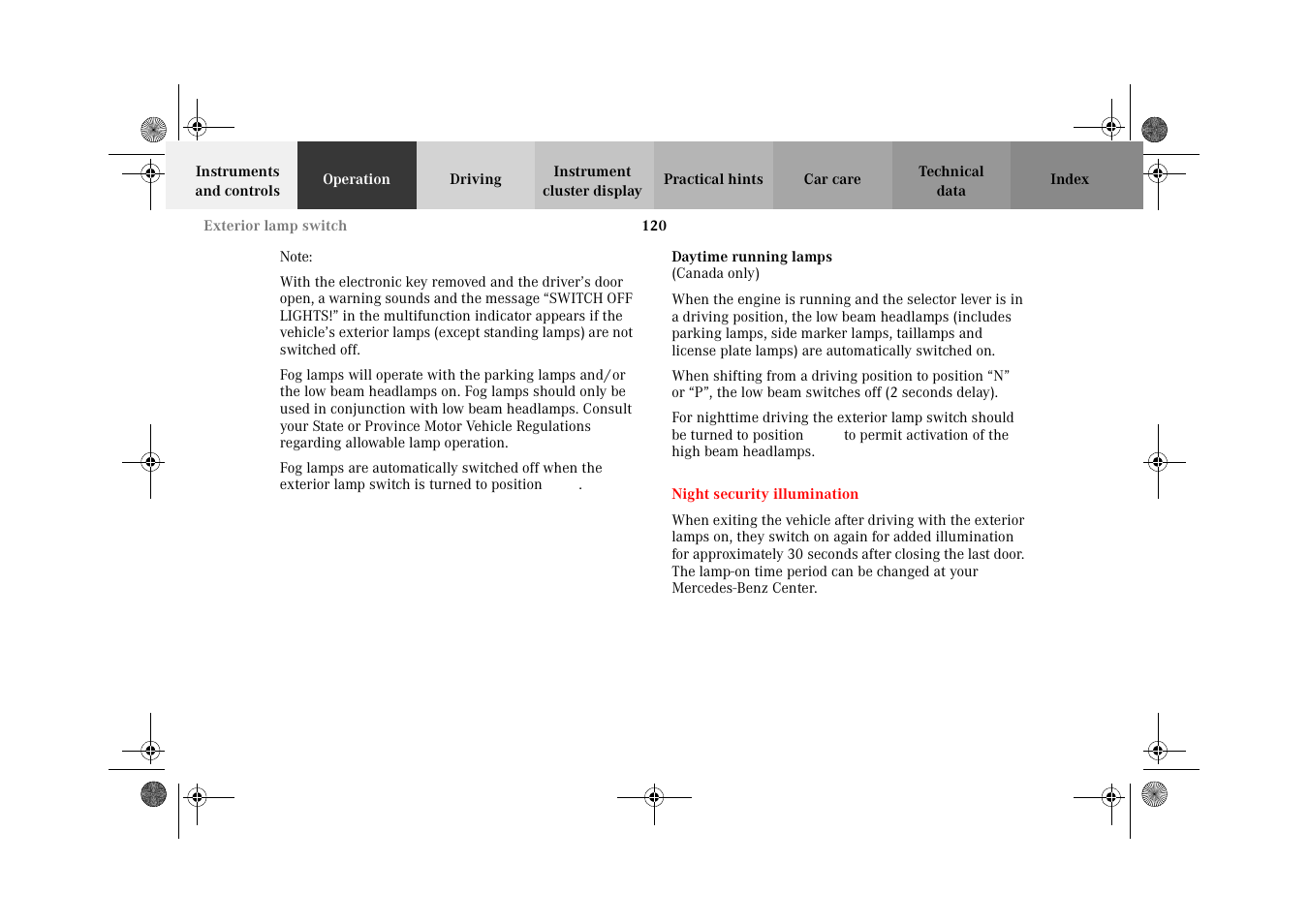 Daytime running lamps, Night security illumination | Mercedes-Benz 2002 E 55 AMG User Manual | Page 123 / 350