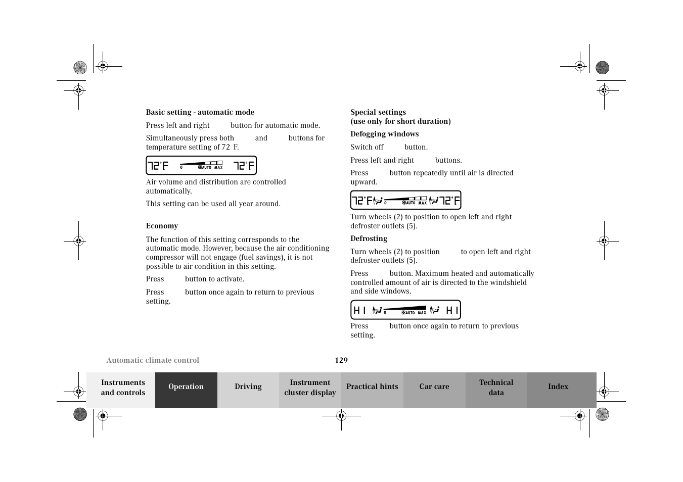 Basic setting, Automatic climate control:economy, Special settings | Special settings defogging windows defrosting | Mercedes-Benz 2002 E 55 AMG User Manual | Page 132 / 350