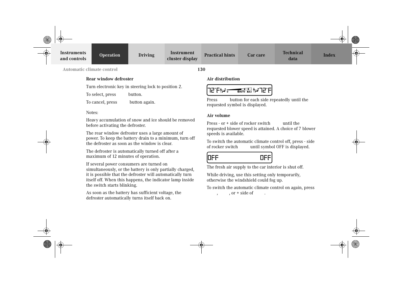 Rear window defroster air distribution air volume | Mercedes-Benz 2002 E 55 AMG User Manual | Page 133 / 350