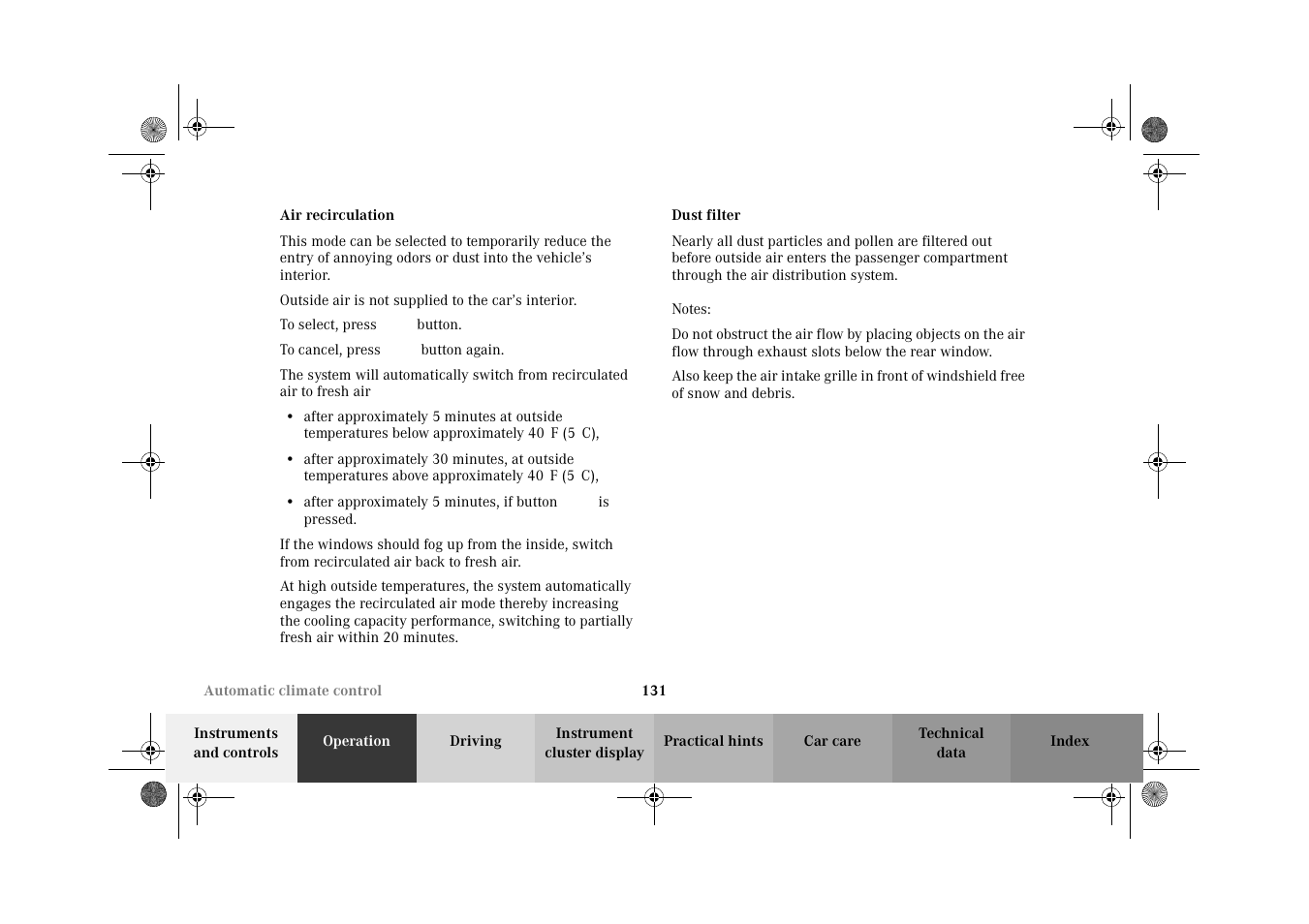 Air recirculation dust filter | Mercedes-Benz 2002 E 55 AMG User Manual | Page 134 / 350