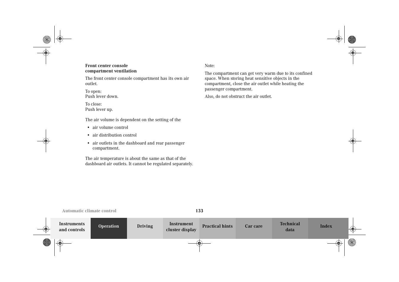 Front center console compartment ventilation | Mercedes-Benz 2002 E 55 AMG User Manual | Page 136 / 350