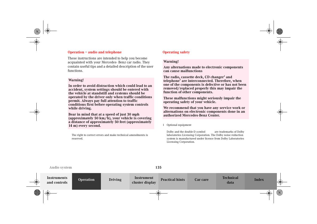 Audio and telephone, operation, Audio system:operating safety, Audio and telephone | Operation | Mercedes-Benz 2002 E 55 AMG User Manual | Page 138 / 350