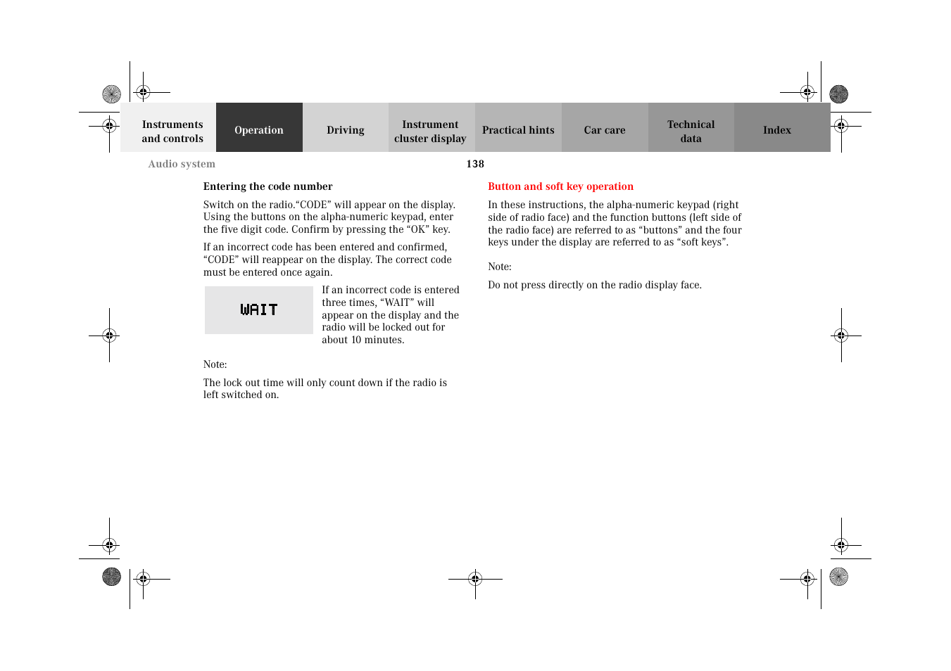 Entering the code number, Button and soft key operation | Mercedes-Benz 2002 E 55 AMG User Manual | Page 141 / 350