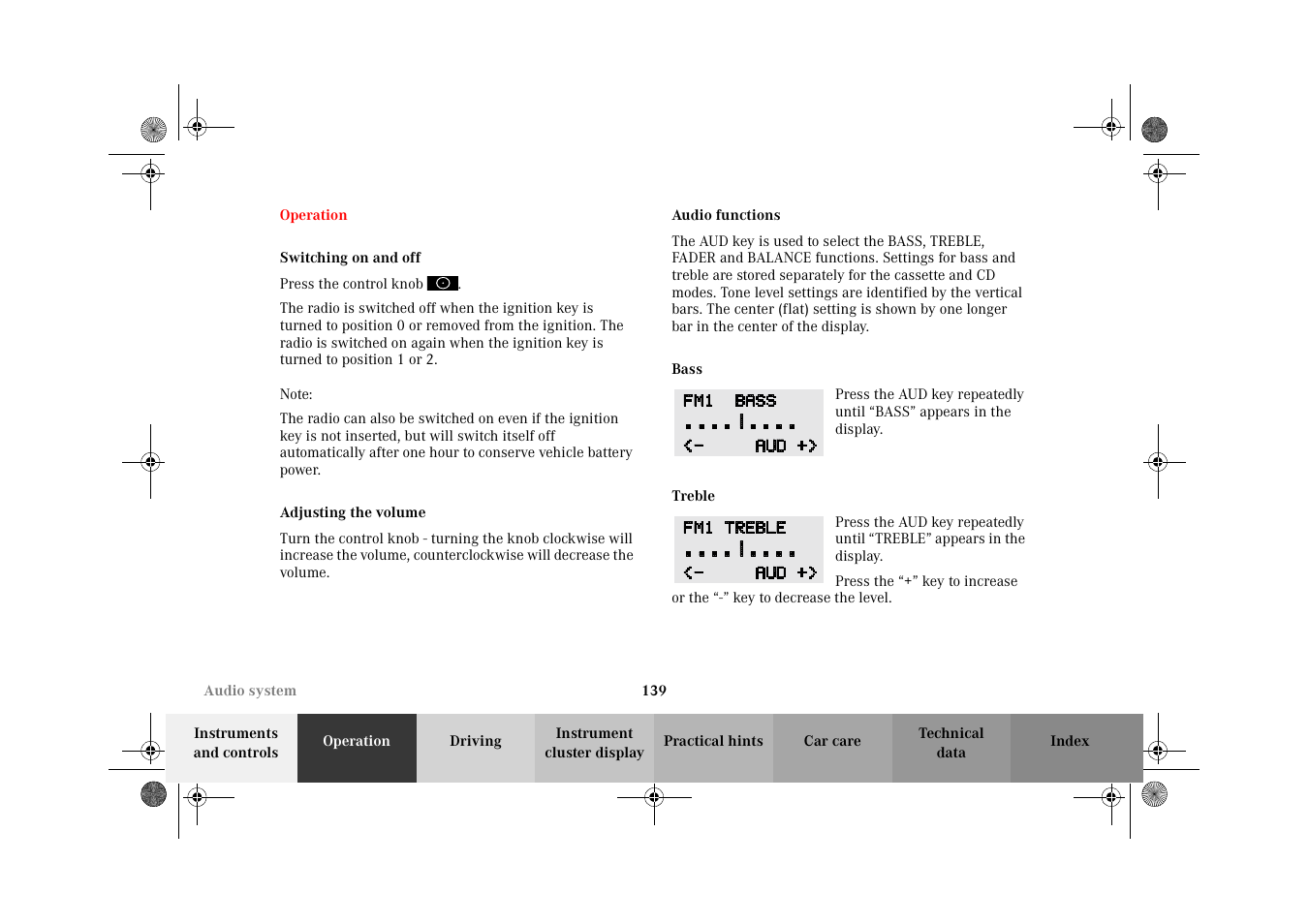 Operation, Switching on and off, Adjusting the volume | Audio functions, Bass, Treble | Mercedes-Benz 2002 E 55 AMG User Manual | Page 142 / 350