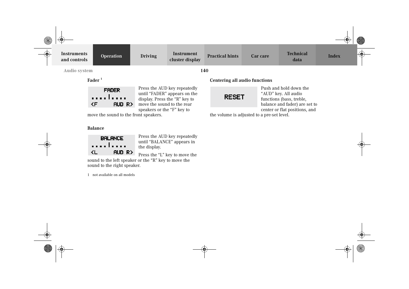 Fader, Balance, Centering all audio functions | Mercedes-Benz 2002 E 55 AMG User Manual | Page 143 / 350