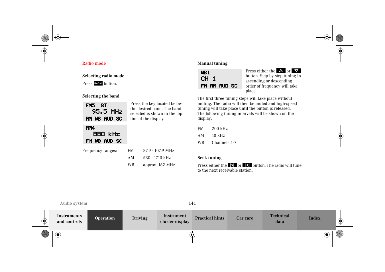 Radio mode, Selecting radio mode, Selecting the band | Manual tuning, Seek tuning | Mercedes-Benz 2002 E 55 AMG User Manual | Page 144 / 350