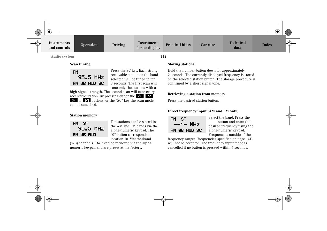 Scan tuning, Station memory, Storing stations | Retrieving a station from memory, Direct frequency input (am and fm only) | Mercedes-Benz 2002 E 55 AMG User Manual | Page 145 / 350