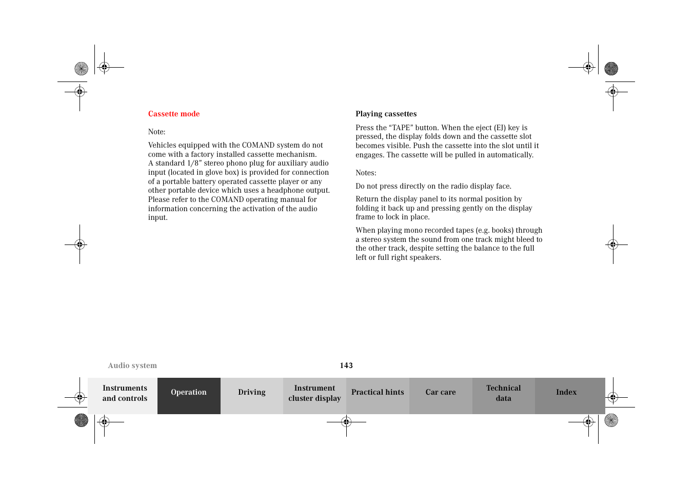 Audio system:cassette mode, Playing cassettes | Mercedes-Benz 2002 E 55 AMG User Manual | Page 146 / 350