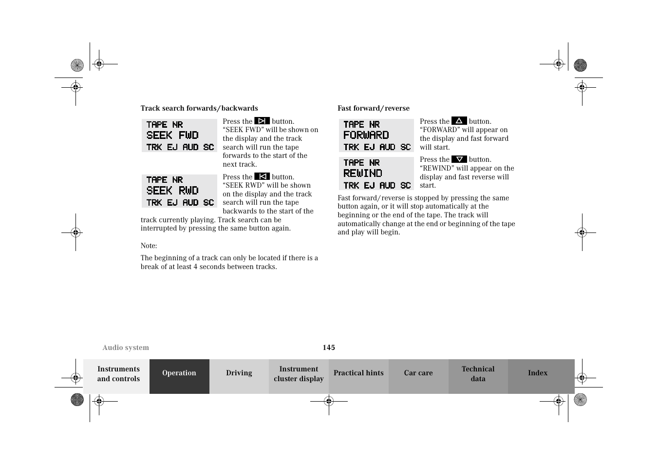 Track search forwards/backwards, Fast forward/reverse, 145 an | Mercedes-Benz 2002 E 55 AMG User Manual | Page 148 / 350