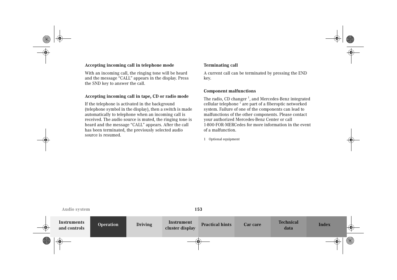 Accepting incoming call in telephone mode, Accepting incoming call in tape, cd or radio mode, Terminating call | Component malfunctions | Mercedes-Benz 2002 E 55 AMG User Manual | Page 156 / 350