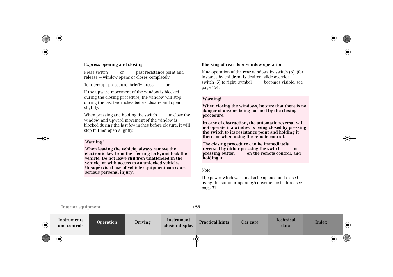 Express opening and closing | Mercedes-Benz 2002 E 55 AMG User Manual | Page 158 / 350