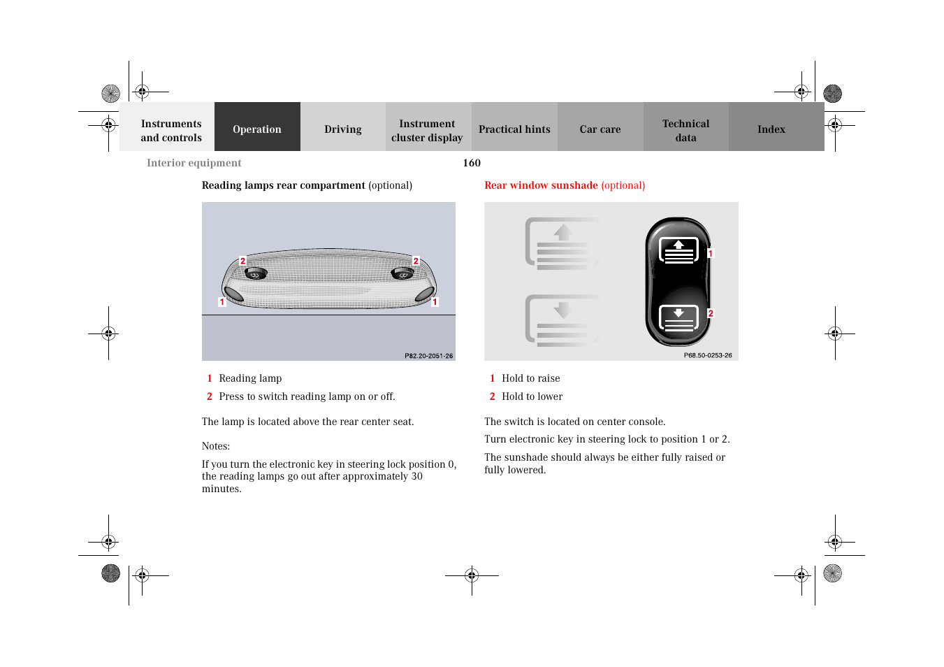 Reading lamps rear compartment, Rear window sunshade, Reading lamps | Rear compartment | Mercedes-Benz 2002 E 55 AMG User Manual | Page 163 / 350