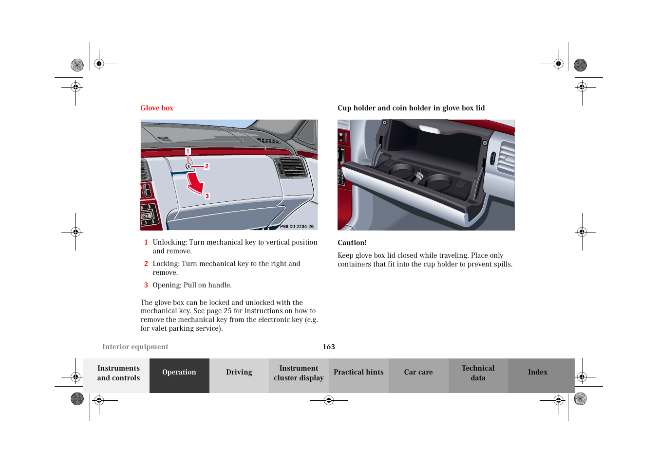 Glove box, Cup holder and coin holder in glove box lid | Mercedes-Benz 2002 E 55 AMG User Manual | Page 166 / 350