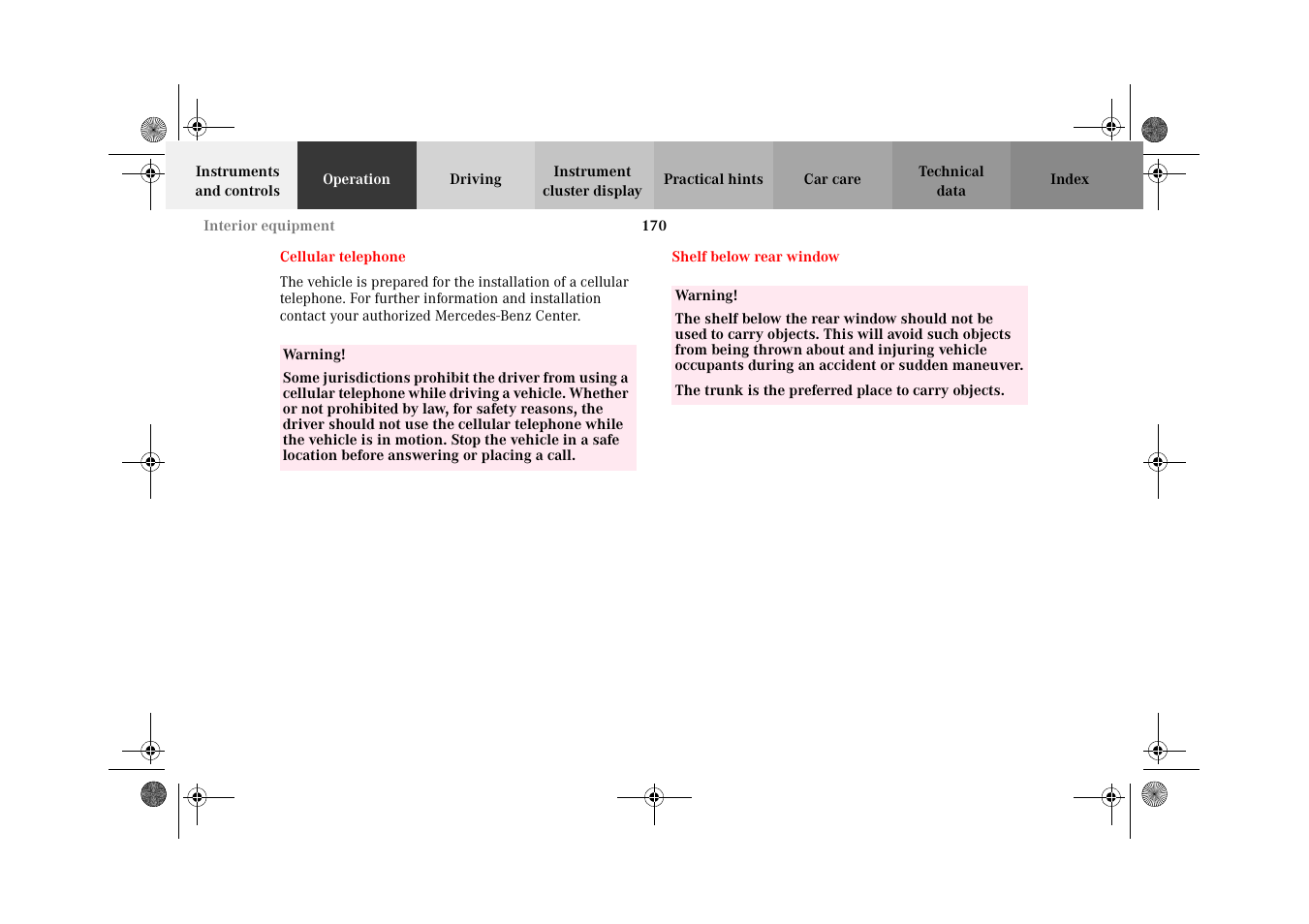 Cellular telephone, Shelf below rear window, Cellular telephone shelf below rear window | Mercedes-Benz 2002 E 55 AMG User Manual | Page 173 / 350