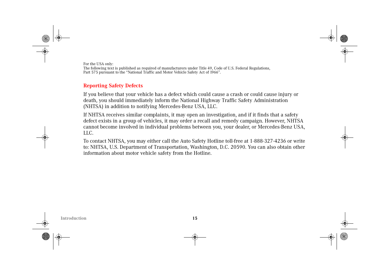 Reporting safety defects | Mercedes-Benz 2002 E 55 AMG User Manual | Page 18 / 350