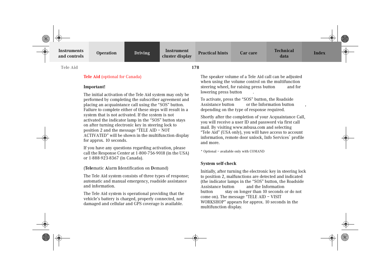Tele aid, System self-check | Mercedes-Benz 2002 E 55 AMG User Manual | Page 181 / 350